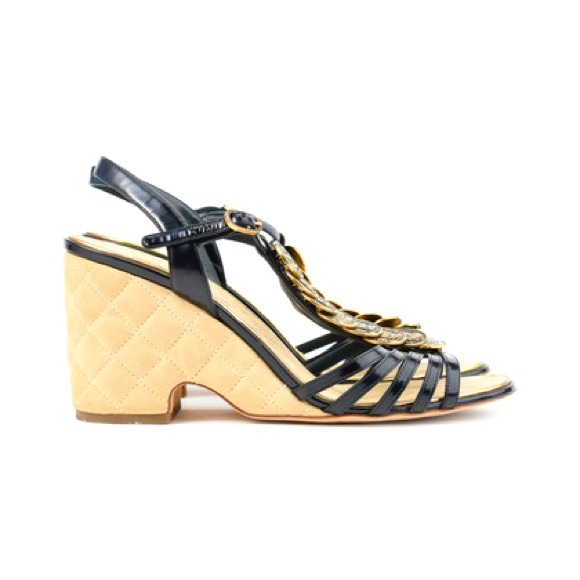 CHANEL Shoes - Chanel wedge sandals designed with a antiqued gold toned